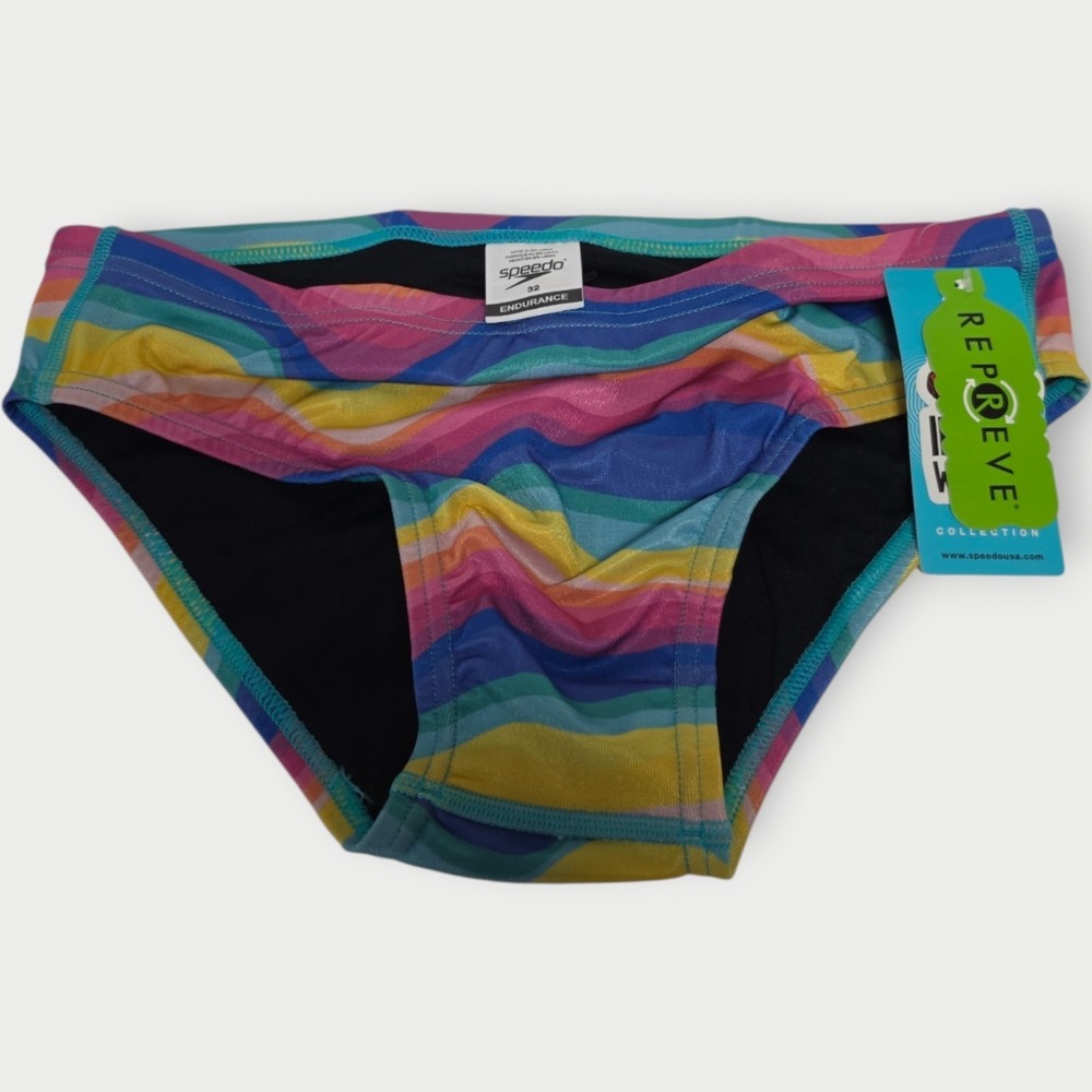 New Speedo Mens Size 32 Vibe Rainbow Wave Swim Brief Trunks Eco Endurance TAGS